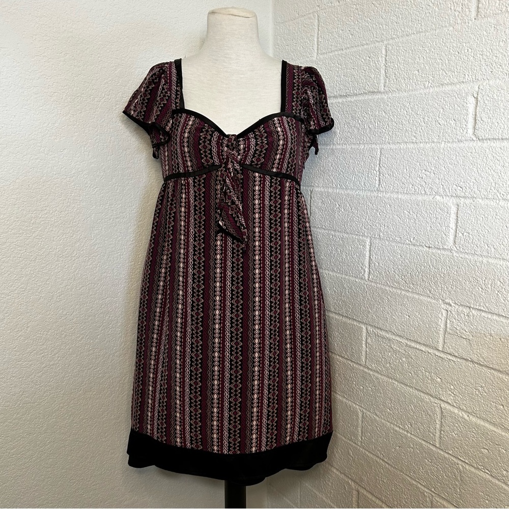 Vintage Pattern Silk Mini Dress, Lightweight Flowy, Ruffle Sleeves, Ruched Back